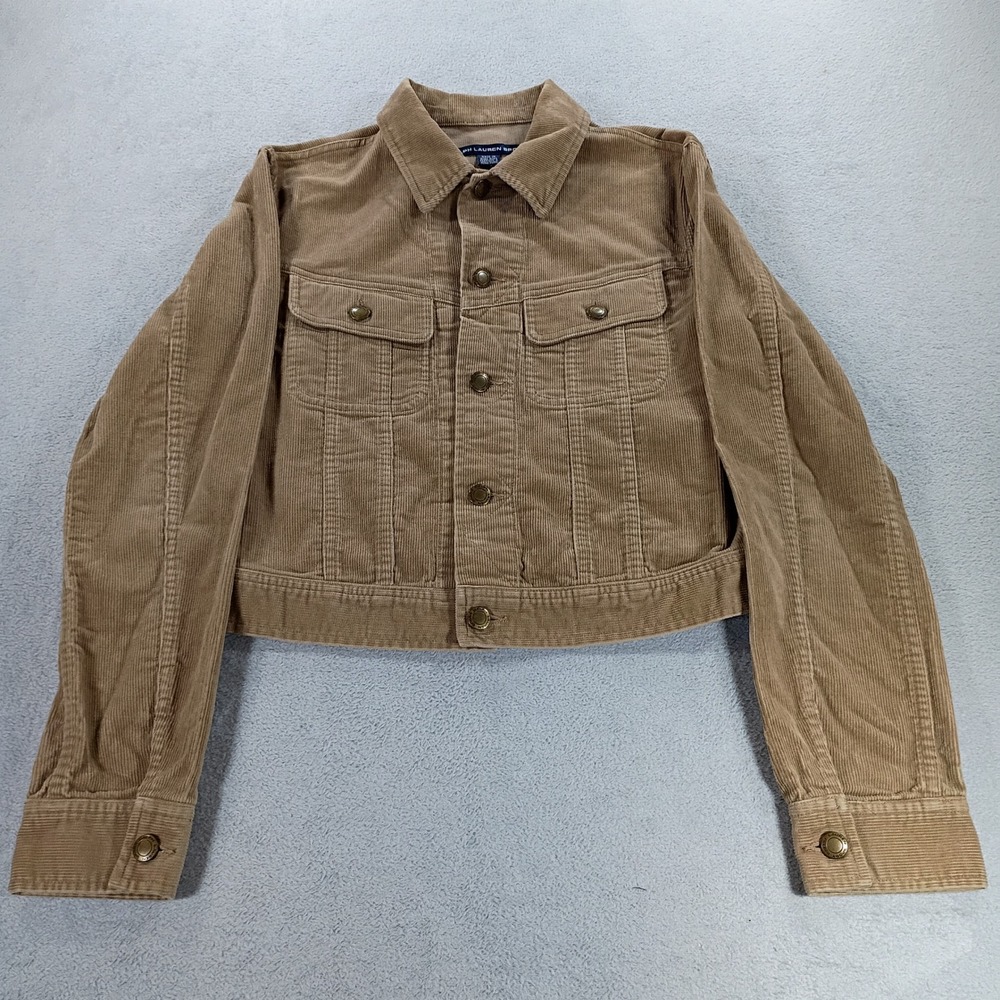 Ralph Lauren Sport Womens Corduroy Trucker Jacket Tan Small Cropped Button Front